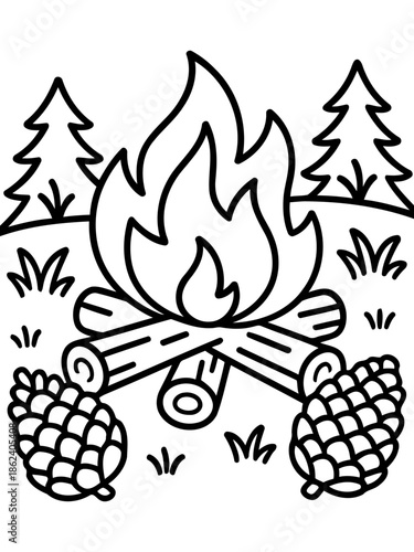 Cozy Campfire Illustration: A warm campfire depicted with burning flames, logs, pine cones, and surrounding trees, evoking a sense of outdoor adventure and warmth.