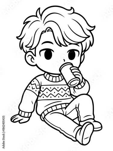 Warm Beverage Moments: A sweet animated character with a unique hairstyle sips on a refreshing beverage in a relaxed pose, enveloped in comfortable attire, capturing the essence of a serene.