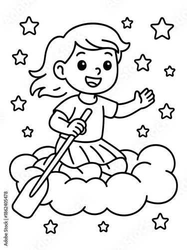 Dream Weaver: A cheerful child navigates a whimsical cloud, surrounded by twinkling stars. The image embodies the spirit of imagination, childhood dreams, and magical exploration.