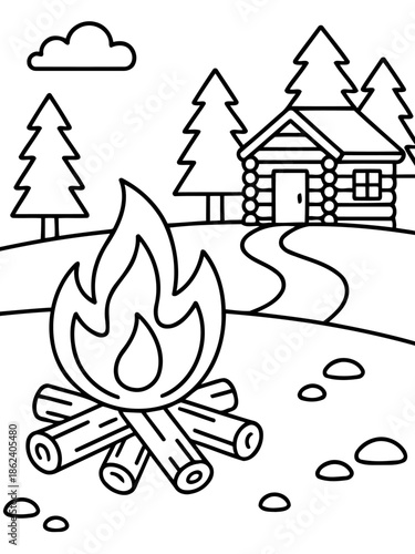 Cozy Cabin and Campfire: This scene evokes a sense of tranquility. It depicts a campfire crackles, setting the stage for an adventure under the stars. A cozy cabin sits peacefully.