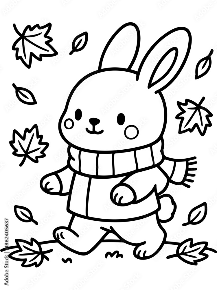 Obraz premium Autumn bunny: A cute and friendly bunny, dressed for fall, walks amidst fallen leaves, embodying the season's cozy charm and the delightful transition of nature.
