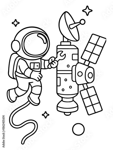 Astronaut in Space: An astronaut works on the satellite, floating in the infinite expanse of space. Depicting the vastness and mystery of the cosmos.