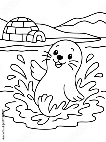 Arctic Adventure: A playful seal splashing joyfully in the arctic waters, with an igloo in the background, depicts the wonder of the arctic. 
