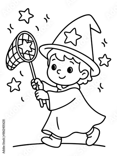 Star Catcher: A young wizard, wearing a pointed hat and robe, joyfully captures sparkling stars with a net, bringing a touch of wonder and whimsy to the scene.