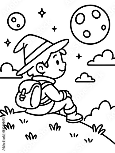 Dreamy Night Watch: A young adventurer, donned in a charming hat and equipped with a trusty backpack, gazes in wonder at the moonlit sky, evoking a sense of wonder and curiosity.
