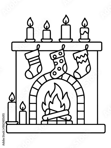 Cozy Fireplace Illustration: A charming black and white illustration of a fireplace adorned with Christmas stockings and lit candles, creating a sense of warmth and holiday cheer.