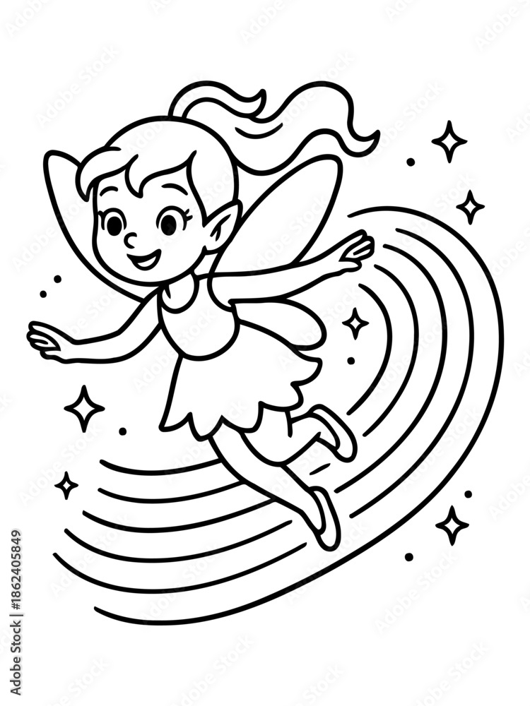 Obraz premium Whimsical Fairy's Flight: A charming, outlined illustration captures a delightful fairy as it takes flight, riding a rainbow in a magical, fairytale-like setting.