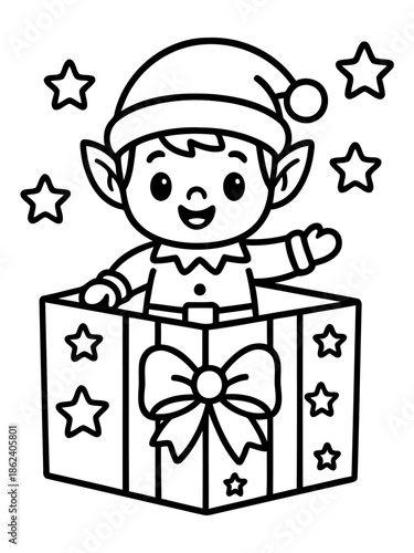 Christmas Elf Surprise: A charming illustration shows a cheerful Christmas elf popping out of a beautifully wrapped gift box, stars twinkling around him, inviting the viewer into the festive season.