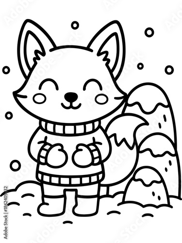 Cozy Fox in Winter Wonderland: A cheerful fox, snug in a sweater, smiles contentedly amidst a snowy landscape, exuding warmth and winter charm.