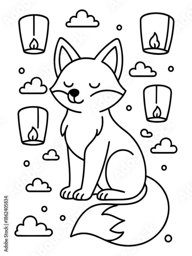 Fox and Lanterns: A whimsical illustration of a smiling fox surrounded by floating lanterns and fluffy clouds, perfect for coloring and bringing to life. 