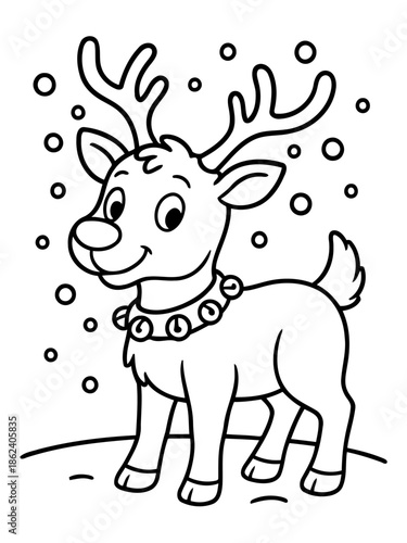 Joyful Christmas Reindeer: A charming illustration captures the festive spirit with a delightful reindeer, adorned with bells, standing in a snowy scene, embodying the joy of the holiday season.