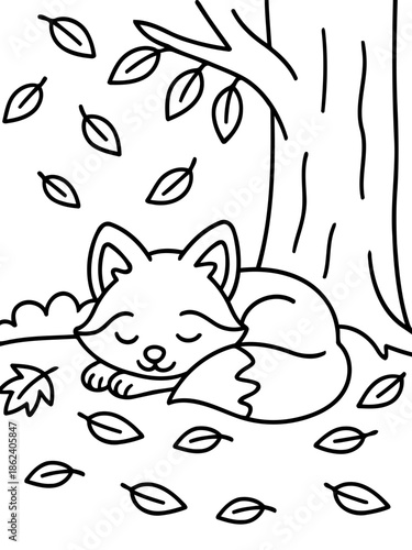Sleepy Fox in Autumn: An endearing depiction of a sleeping fox resting peacefully beneath a tree, surrounded by falling leaves, in a scene that embodies the serene ambiance of autumn.