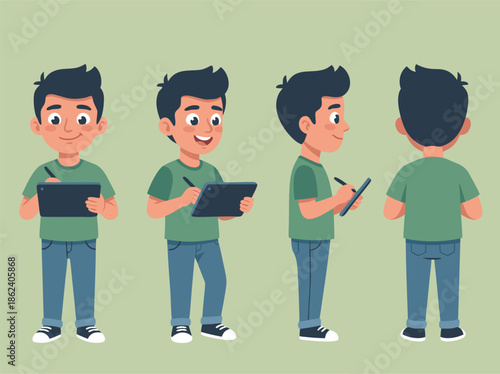 Young boy character design holding a tablet.