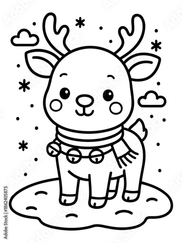 Festive Reindeer in Snowy Scene: A charming illustration captures the festive spirit with a cute reindeer adorned in a scarf and bells, surrounded by snowflakes and fluffy clouds.
