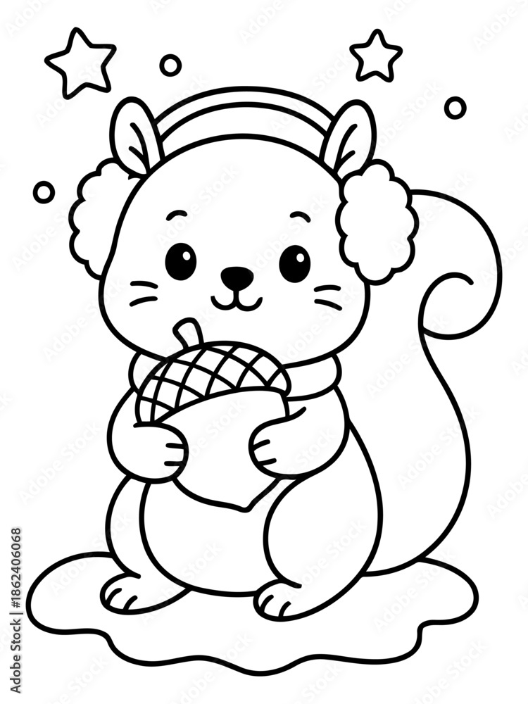 Fototapeta premium Adorable Squirrel with Acorn: A cute squirrel, wearing earmuffs and a scarf, snuggles an acorn, surrounded by stars and snow in this charming cartoon illustration. 