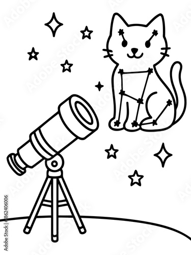 Celestial Cat: Whimsical illustration of a cat constellation gazing with telescope.