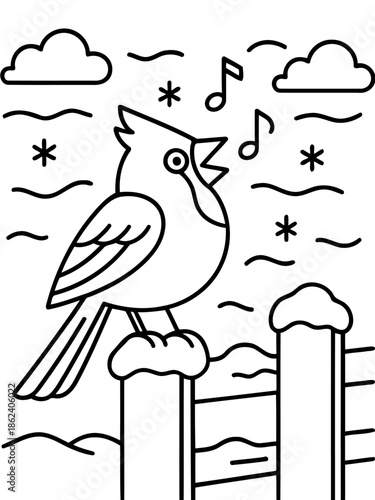 Winter Serenade: A black and white illustration of a cardinal bird perched on a snow-covered fence, singing sweetly amidst falling snowflakes and fluffy clouds.