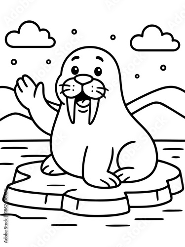 Charming Cartoon Walrus on Ice: A friendly walrus cheerfully waves from atop an iceberg, inviting viewers to explore the wonders of the arctic.