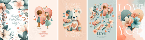 Set of cute watercolor illustrations postcards for February 14th. Happy Valentine's Day. Hand-drawn and vectorized watercolor illustrations. Couple, love, teddy bear, bird, dessert, hearts and flowers