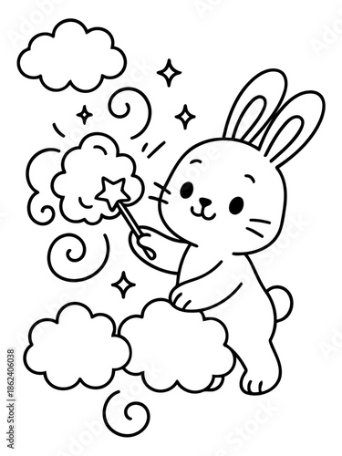 Whimsical Rabbit's Magic Show: A delightful rabbit with a magic wand conjures fluffy clouds and twinkling stars in a charming, illustrated scene.
