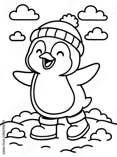 Winter Penguin's Joyful Dance: An adorable penguin, bundled up in a warm hat, dances with unrestrained joy in a winter wonderland, surrounded by fluffy clouds. 