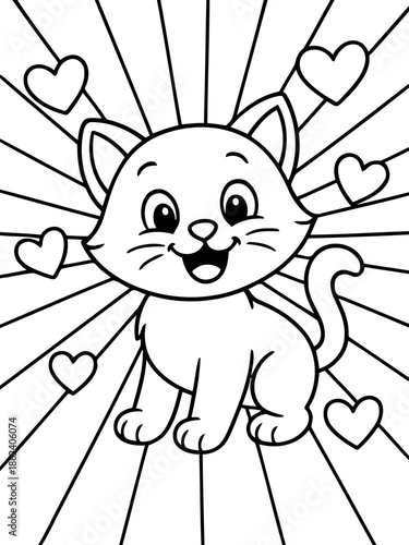 Adorable Cat and Hearts: A cute cartoon cat, surrounded by radiating lines and hearts, radiating positivity and love. Capturing the essence of joy and happiness