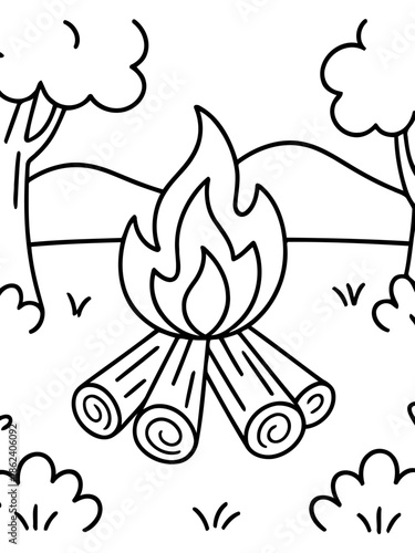 Campfire Illustration: A black and white illustration of a campfire in nature, featuring burning flames and stacked logs, evoking the spirit of outdoor adventures and cozy moments.