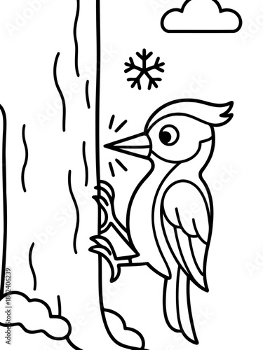 Woodpecker's Winter Work: A simple line art illustration captures a woodpecker diligently working on a tree in a snowy setting, highlighting the bird's tenacity.