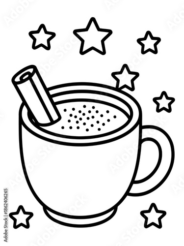 Cozy Beverage Illustration: A delightful illustration of a warm beverage, enhanced by a cinnamon stick and surrounded by star motifs, evokes feelings of warmth and comfort.