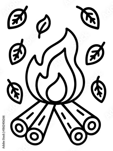 Cozy Campfire: A rustic campfire scene, featuring flickering flames dancing atop a stack of wooden logs, with the backdrop of falling leaves, evokes warmth and nostalgia.