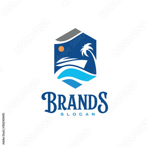Yatch Ship Beach Logo Design Sunset Scenery Nautical With Palm Tree 