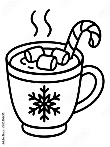 Warm Winter Indulgence: A festive mug brimming with hot chocolate, topped with fluffy marshmallows and a candy cane, evoking the cozy warmth of the holiday season.