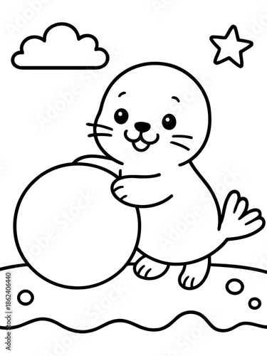 Playful Seal and Ball: A charming cartoon seal, its expression radiating joy, cradles a ball, set against a whimsical backdrop of a cloud and star, evoking a sense of innocent delight.