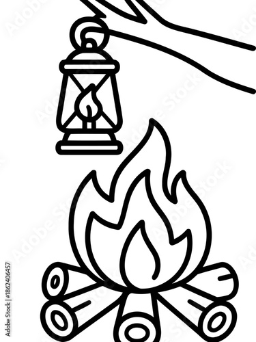 Campfire and Lantern Silhouette: A simple yet evocative silhouette depicts a warm campfire beneath a hanging lantern, symbolizing the tranquility and adventure of outdoor gatherings.