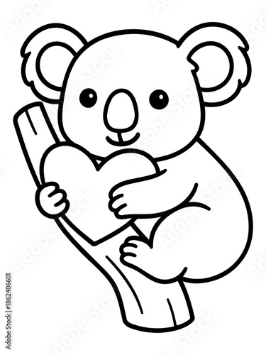 Koala with a Heart: This image captures a serene moment of a koala, perched on a tree branch, clutching a heart, exuding affection and warmth.