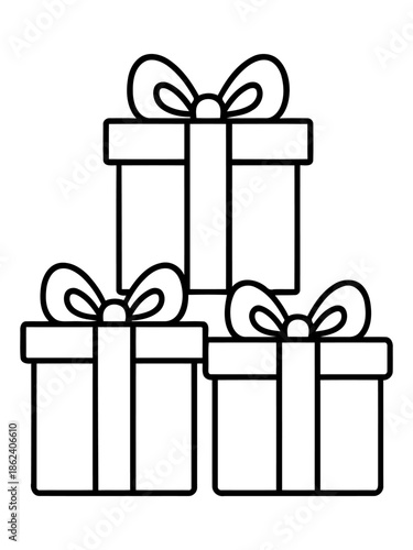 Stacked Present Boxes: A minimalist depiction of three gift boxes, each elegantly tied with a bow, arranged in a balanced stack, symbolizing celebration, thoughtfulness, and the joy of giving.