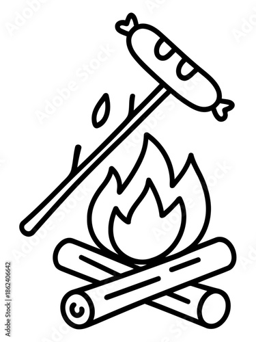 Campfire Cooking Delight: A simple illustration of a hearty sausage grilling over a crackling campfire, evoking warmth and the essence of outdoor culinary adventures.