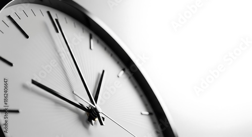 Modern analog clock with blurred second hand showing time passing quickly with copy space