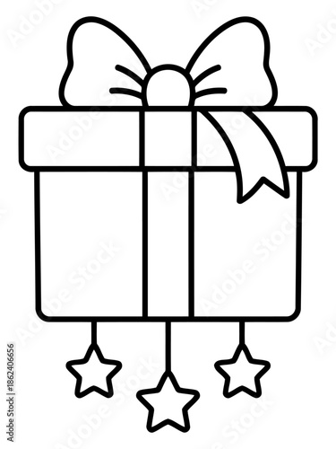 Festive Present Outline: A neatly drawn, monochromatic gift box, adorned with a decorative bow and hanging star embellishments, is perfectly presented, evoking anticipation and delight.