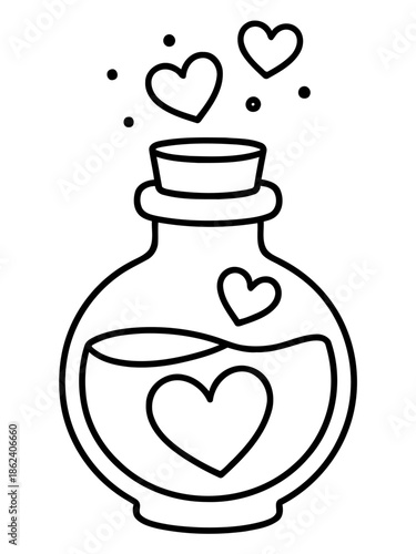Love Potion: An enchanting illustration showcases a potion bottle filled with a love elixir, with hearts bubbling up, symbolizing the magic of romance and affection.