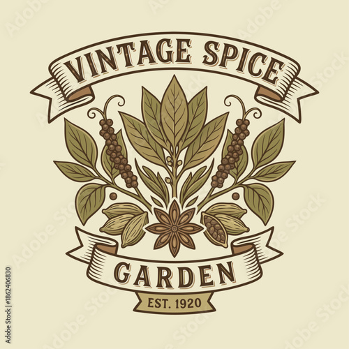 Vintage Spice Garden Emblem with Herbs and Spices.