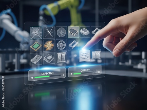 Futuristic concept of a hand training a machine learning model by categorizing images of defective vs quality products, for AI in manufacturing QC