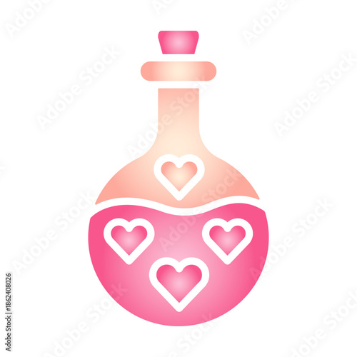 Gradient pink love potion icon for Valentine’s Day. Shiny heart bottle symbol for romance, dating, magic spell, wedding, perfume, greeting card, app, sticker, and Valentine gift design.