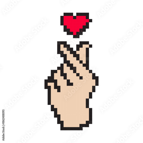 Pixel art icon of finger heart for Valentine’s Day. Cute retro 8-bit Korean love gesture symbol for romance, dating, social media, games, apps, stickers, and holiday designs.