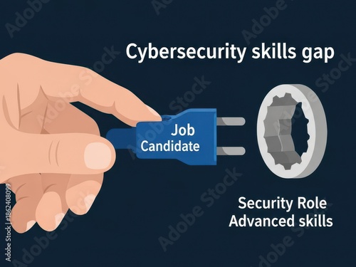 Cybersecurity skills gap with a hand trying to connect a Job Candidate plug to a Security Role socket that is shaped for more advanced skills