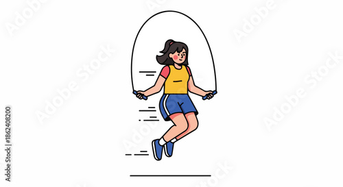 A cartoon woman jumping rope with a skipping rope in a playful and dynamic motion against a clean white background.