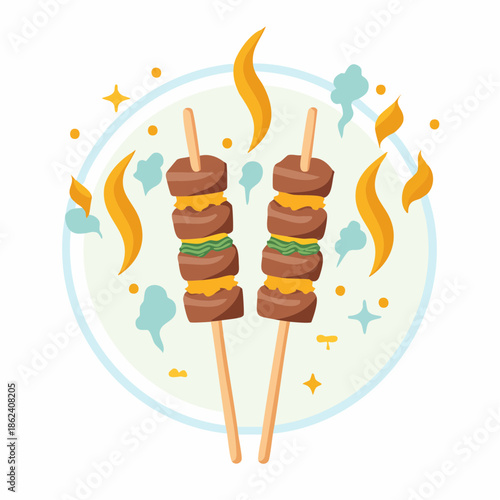 Two Skewers of Grilled Meat and Vegetables Illustration.