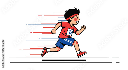 A cartoon boy wearing a red shirt and blue shorts runs to the right with motion lines behind him on a white background.
