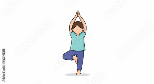 A young woman in a teal shirt and blue pants practices yoga in a tree pose on a white background with a simple and serene mood.