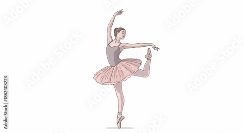 A young ballerina wearing a pink tutu and ballet shoes poses elegantly in a graceful dance stance against a clean white background.